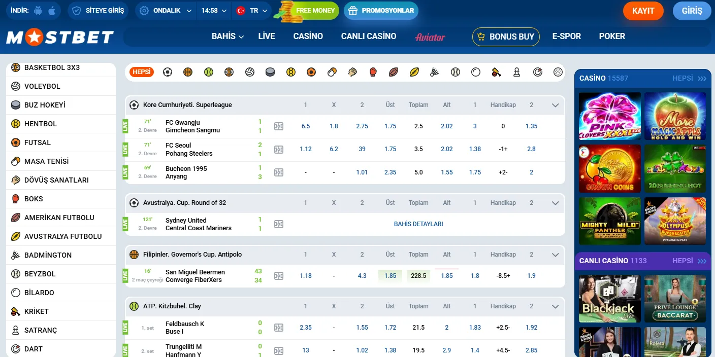 Mostbet mobil app — canlı spor bahisleri ve e-spor ekranı