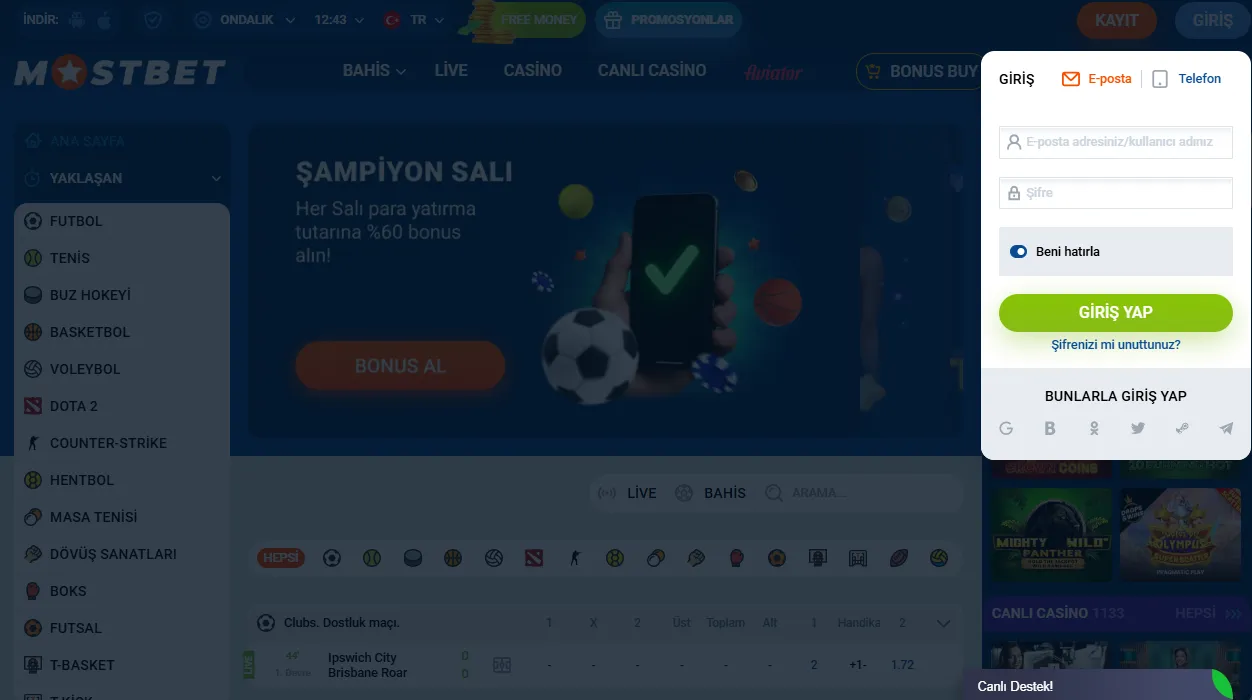 Mostbet giriş ekranı masaüstü ve mobilde