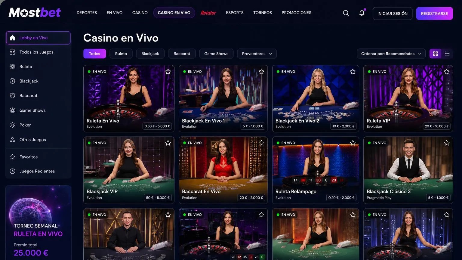Casino Mostbet — lobby de mesas en vivo y proveedores