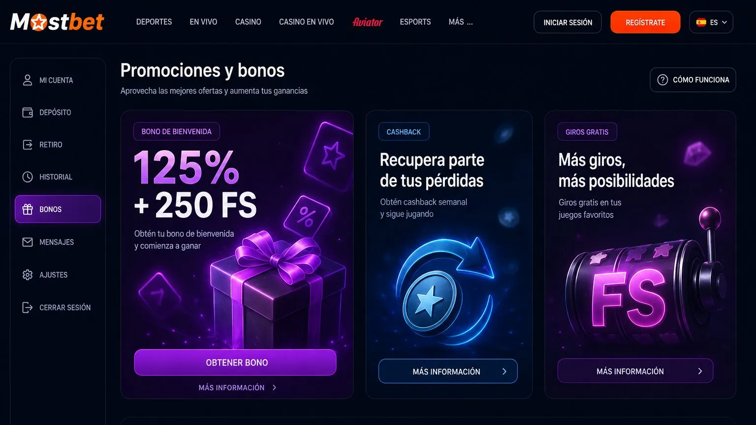 Mostbet plataforma — panel de cuenta con casino y deportes
